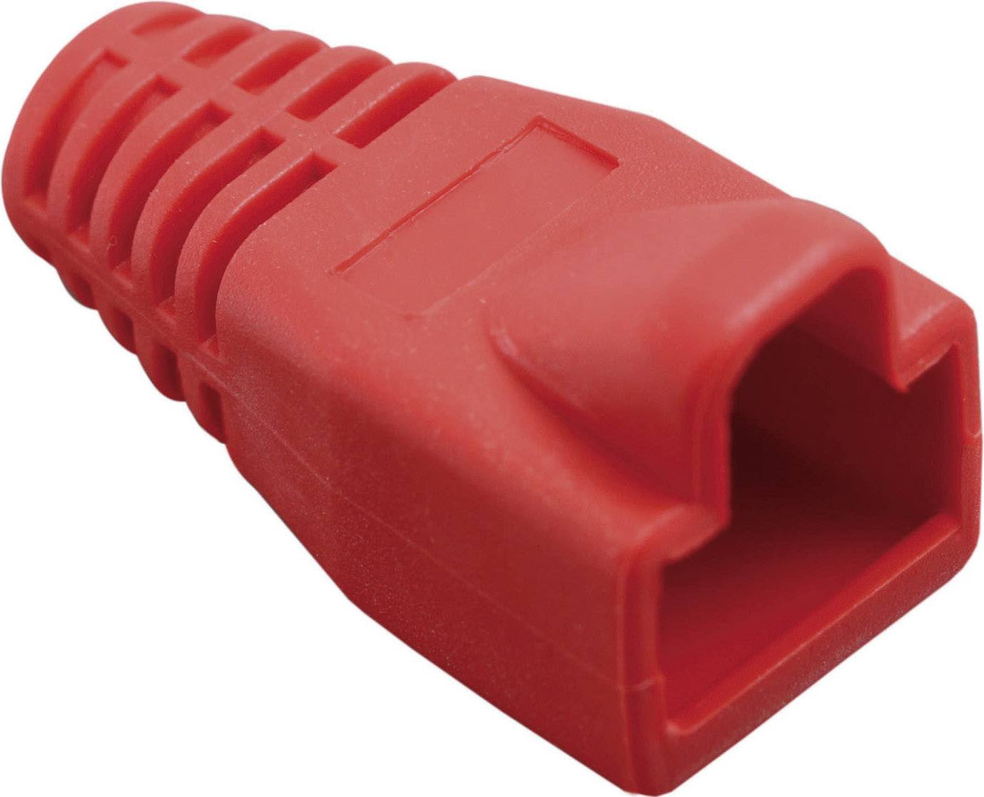 Rode kunststof beschermkap voor RJ45-stekkers. Hij heeft een geribde oppervlakte en een vierkante uiteinde voor een stevige grip.