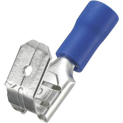 Blauwe geïsoleerde platte stekker met metalen klem, een typisch elektrotechnisch materiaal voor kabelverbindingen.
