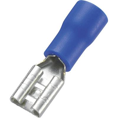 Blauwe, geïsoleerde platte stekker, metalen deel zichtbaar, voor elektrische verbindingen.
