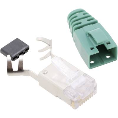 Een modulaire RJ45-stekker, gedeeltelijk gemonteerd, met een groen kunststof behuizing en metalen tongen, naast een zwarte trekontlasting.