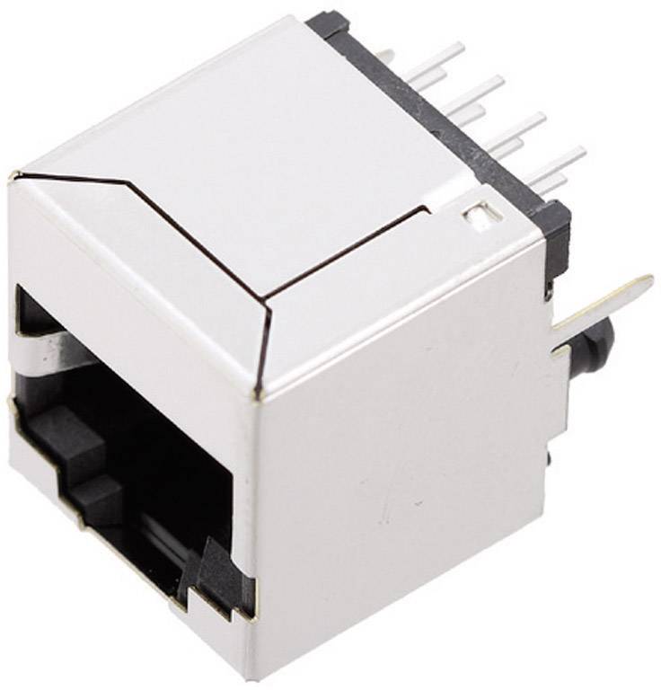 Een RJ45-chassisconnector met metalen behuizing en acht aansluitpennen, doorgaans gebruikt voor Ethernet-netwerkverbindingen.