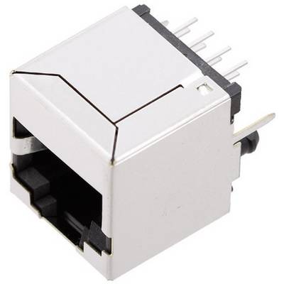 Een RJ45-chassisconnector met metalen behuizing en acht aansluitpennen, doorgaans gebruikt voor Ethernet-netwerkverbindingen.