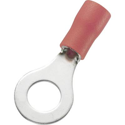 Een rood kabelschoenkabeleinde met een ronde metalen ring voor aansluiting op elektrische apparaten.