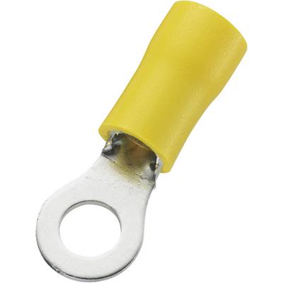 Een gele kabelschoen met een ronde metalen aansluiting, gebruikt voor het bevestigen van draden aan een schroef of klem.