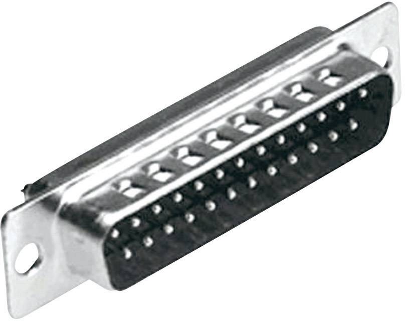 Een DB-25-stekker met 25 metalen pinnen in twee rijen, gebruikt voor parallelle of seriële interfaces in computernetwerken.