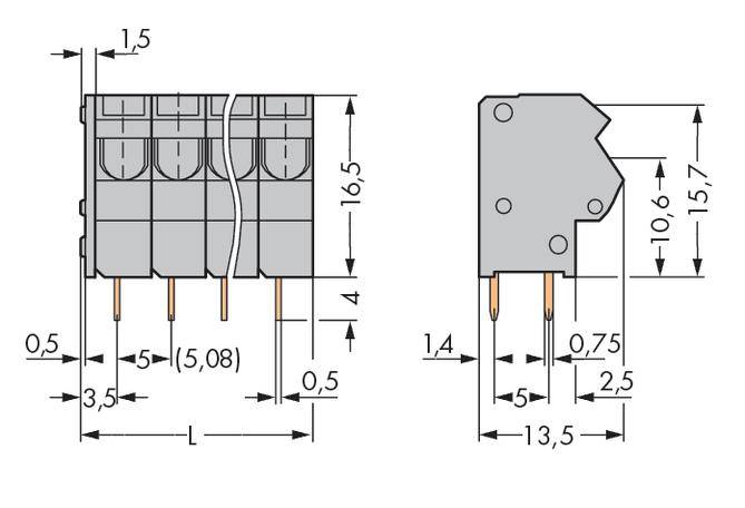 Afbeelding van een technische tekening van een elektrische connector met afmetingen: 16,5 mm hoog, 10,6 mm diep, 5,08 mm breedte van de aansluitingen.