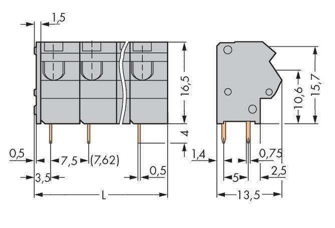 Technische tekening van een elektronische connector met afmetingen: hoogte 16,5 mm, breedte 7,5 mm, en verdere details.