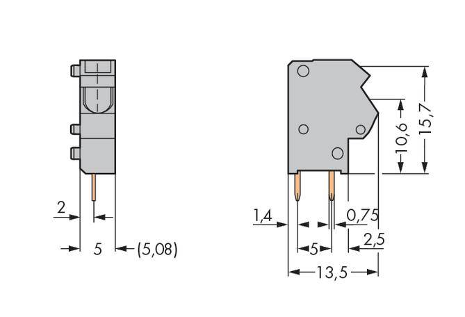 Tekening van een microschakelaar met afmetingen: hoogte 15,7 mm, breedte 5 mm, pinstdikte 1,4 mm, contactafstand 5 mm, totale diepte 13,5 mm.