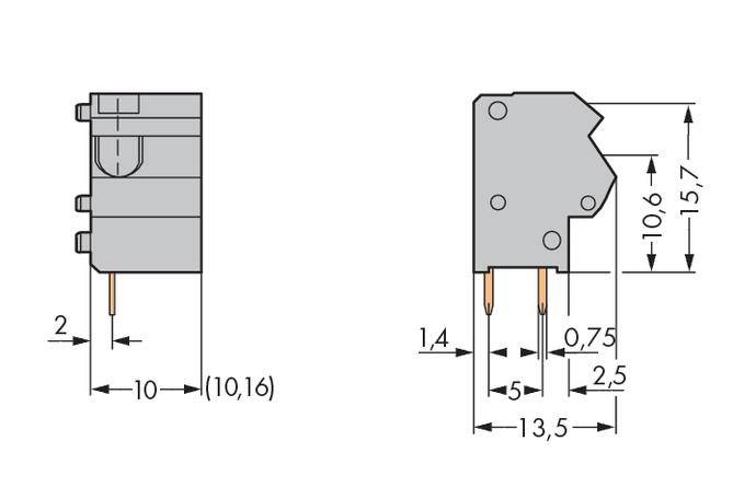 Zij- en vooraanzicht van een elektronisch onderdeel met afmetingen: hoogte 15,7 mm, breedte 10,6 mm, diepte 10 mm, aansluitpennen op 5 mm afstand.