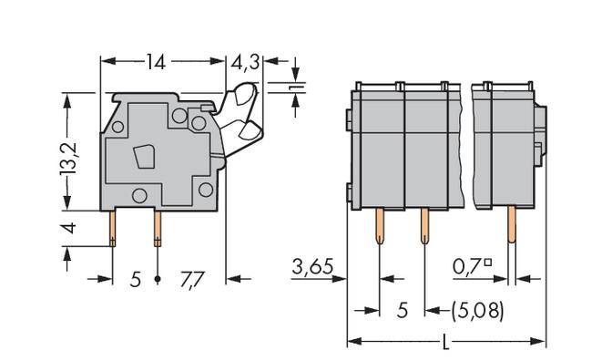 Technische tekening van een microschakelaar met afmetingen: hoogte 13,2 mm, breedte 14 mm, diepte 5 mm. Zijaanzicht en vooraanzicht.