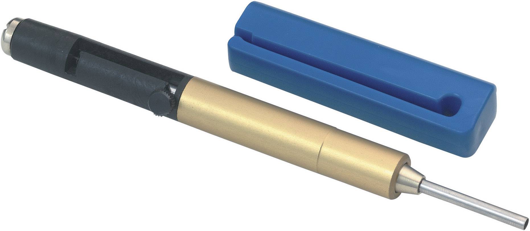 Een gouden pen of gereedschap met een zwarte punt naast een blauwe, rechthoekige houder.