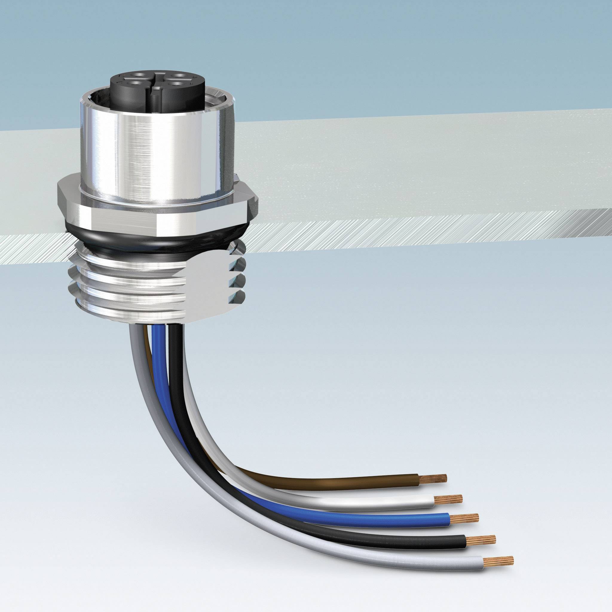 Cilindrische metalen stekker met vijf gekleurde kabels: zwart, bruin, blauw, wit, grijs tegen een blauwe achtergrond.