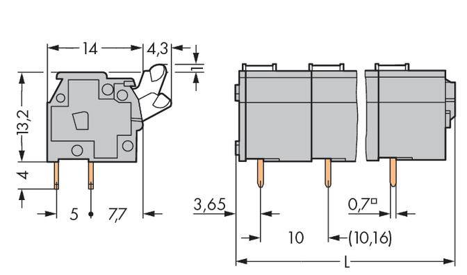 Technische tekening van een schakelaar met afmetingen: hoogte 13,2 mm, breedte 14 mm, diepte 10 mm. Aansluitingen onderaan, schakelhelling 0,7 graden.