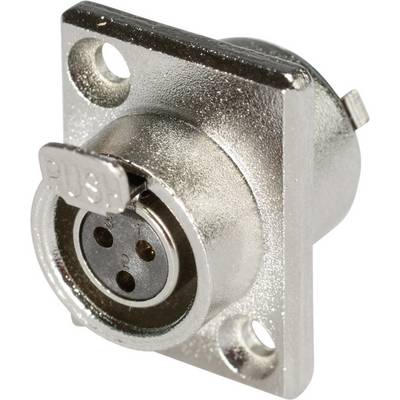 Metalen XLR-connector met vier pinnen, gemonteerd op een vierkante basis met twee bevestigingsgaten.