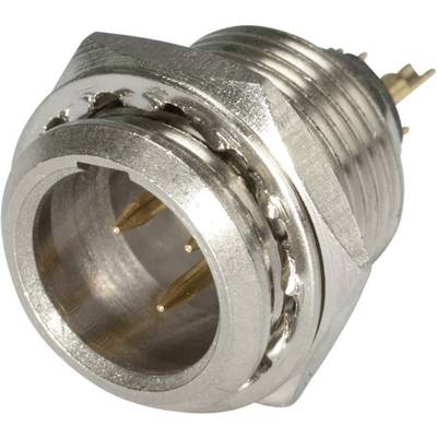 Metalen stekkerverbinding met twee gouden pinnen in een ronde behuizing, geschikt voor het verbinden van elektronische componenten.