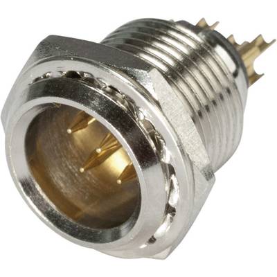Een achtpolige metalen stekker met schroefdraad, gebruikt voor elektronische aansluitingen. De contacten zijn goudkleurig en symmetrisch gerangschikt.