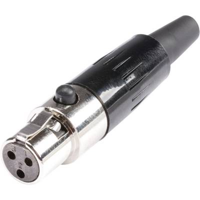 XLR-stekker close-up, doorgaans gebruikt voor audiokabels; toont het ronde metalen oppervlak met drie aansluitpennen.