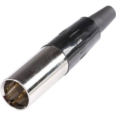 Een metalen stekkerverbinding met een zwarte kunststof behuizing, vermoedelijk een audio- of microfoonaansluiting.