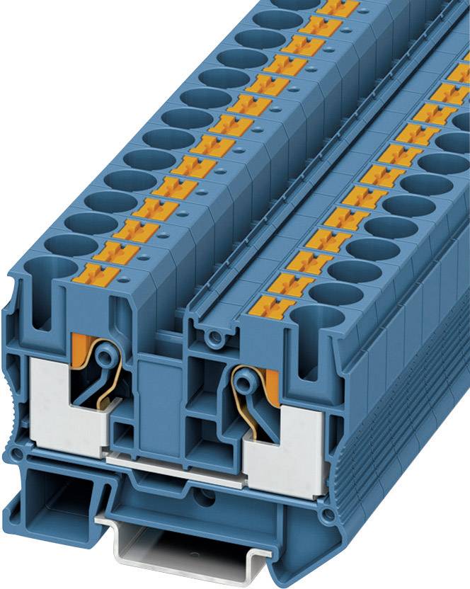 Een blauwe modulaire stekkerverbinding met meerdere aansluitplaatsen en oranje klemmen, gebruikt in elektrische toepassingen.