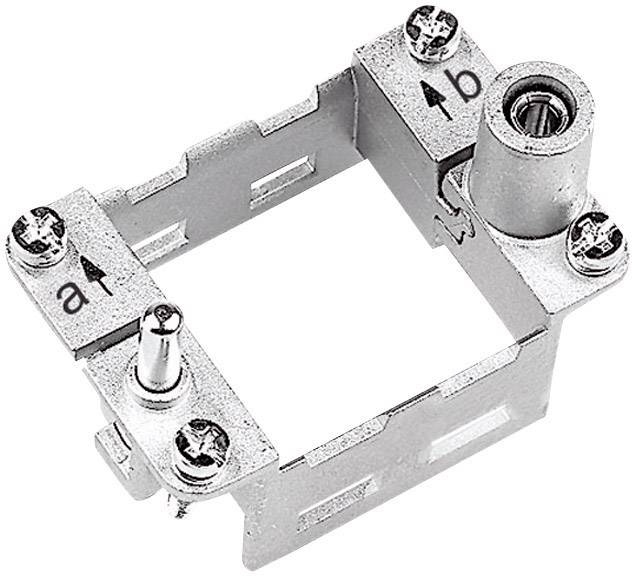 Metalen beugel met twee gemarkeerde gebieden 'a' en 'b', schroeven en een cilindrisch element rechts. Technisch onderdeel.