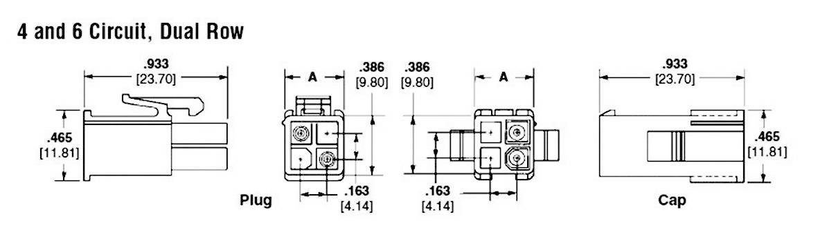 Technische tekening van een connector met dubbele rij, toont afmetingen: 4 en 6 schakelingen, breedte 0,933 inch, hoogte 0,465 inch.