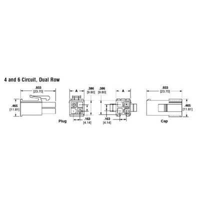 Technische tekening van een connector met dubbele rij, toont afmetingen: 4 en 6 schakelingen, breedte 0,933 inch, hoogte 0,465 inch.