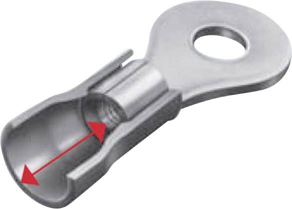 Een metalen stekker met een opening aan één uiteinde en een rood gemarkeerde dubbele pijl die wijst naar de diameter aan de binnenkant.