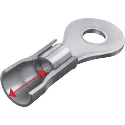 Een metalen stekker met een opening aan één uiteinde en een rood gemarkeerde dubbele pijl die wijst naar de diameter aan de binnenkant.