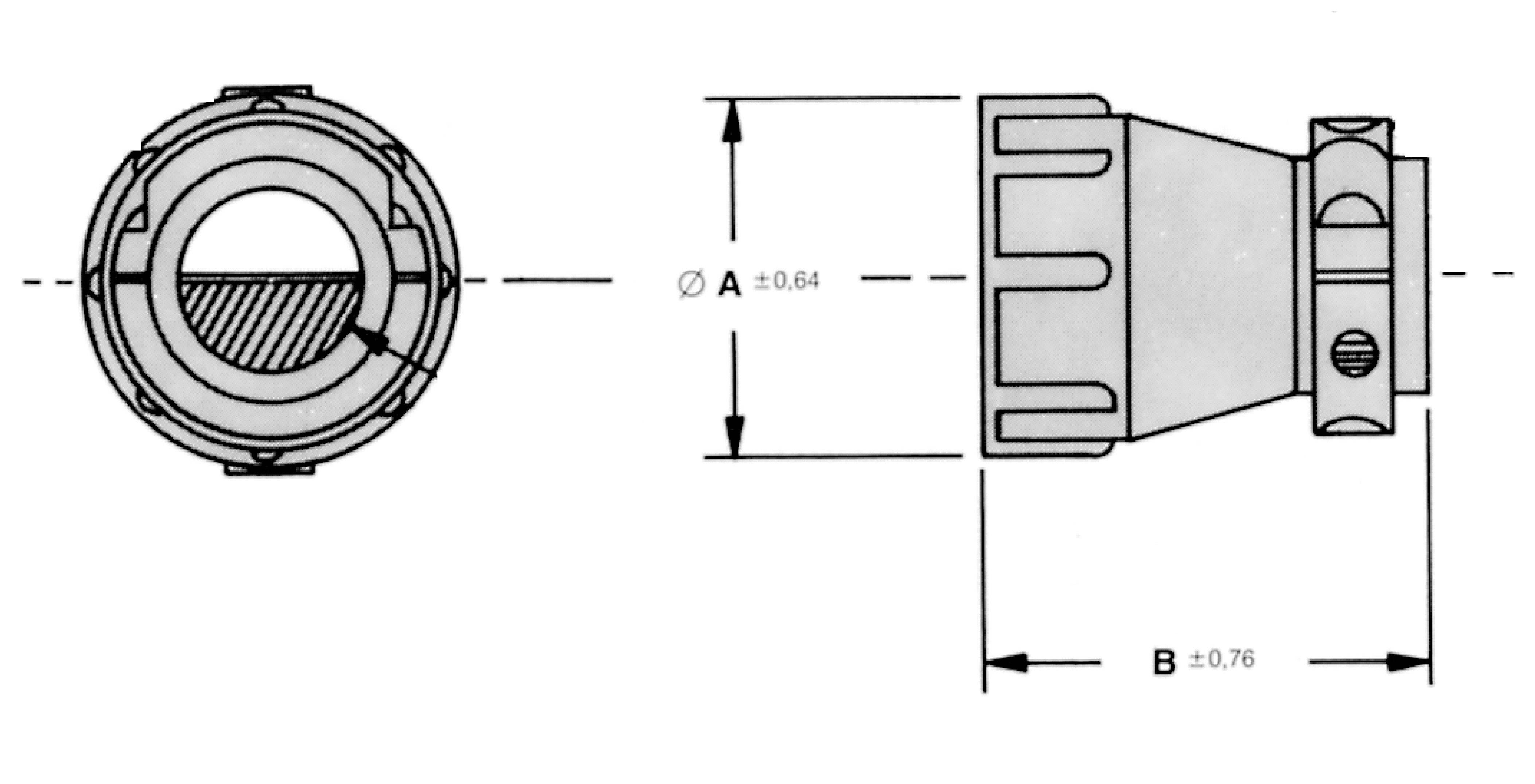 Technische tekening van een mechanisch onderdeel met diameter 'A' 0,64 en lengte 'B' 0,76. Zij- en vooraanzicht weergegeven.