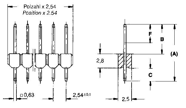 Technische tekening van een elektronische connector met maatvoering in millimeters. Toont pinafstanden en bouwhoogte.
