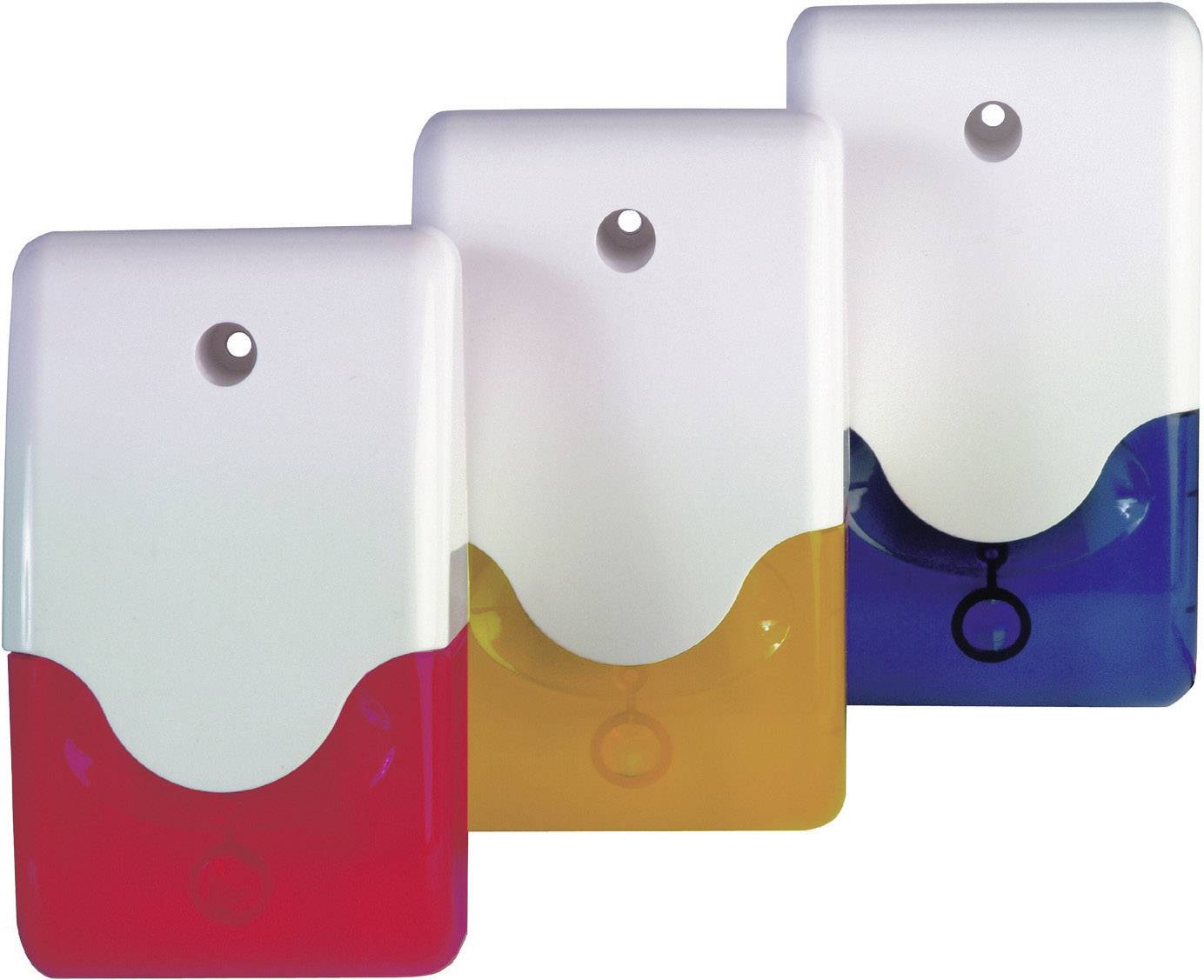 Drie plastic containers in rood, geel en blauw, naast elkaar geplaatst. Elk heeft een druppelvormige opening bovenaan.