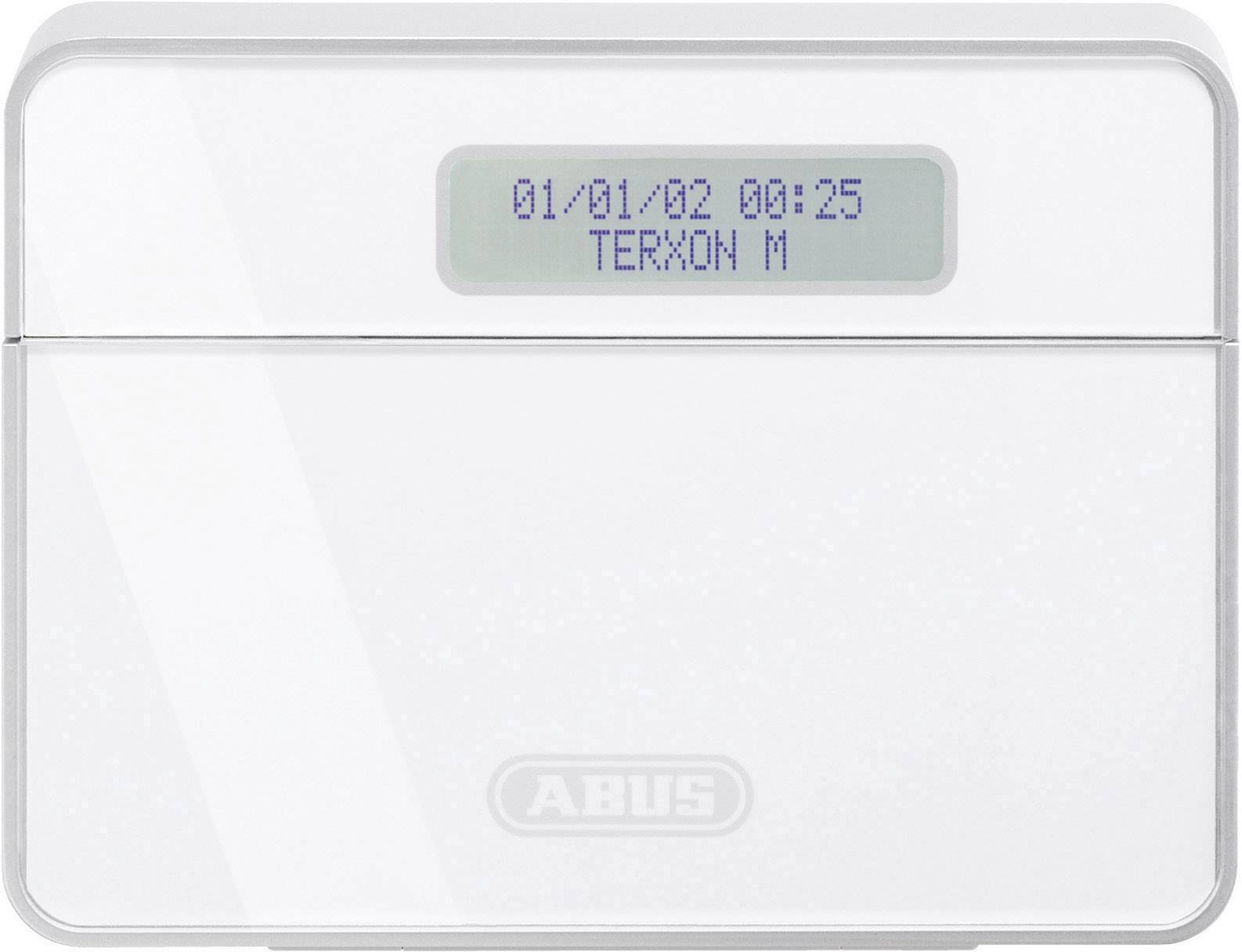 Een wit elektronisch apparaat met een display dat '01/01/02 00:25 TERXON M' weergeeft. Het betreft een beveiligingssysteem van ABUS.