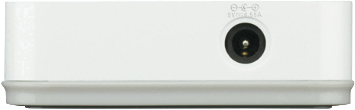 Een wit elektronisch apparaat met een enkele aansluiting aan de voorzijde, waarschijnlijk voor stroomvoorziening of audio.