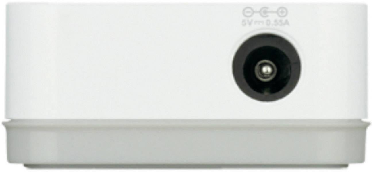Wit elektronisch apparaat met stroomaansluiting aan de achterkant, geschikt voor 5V en 0,55A.