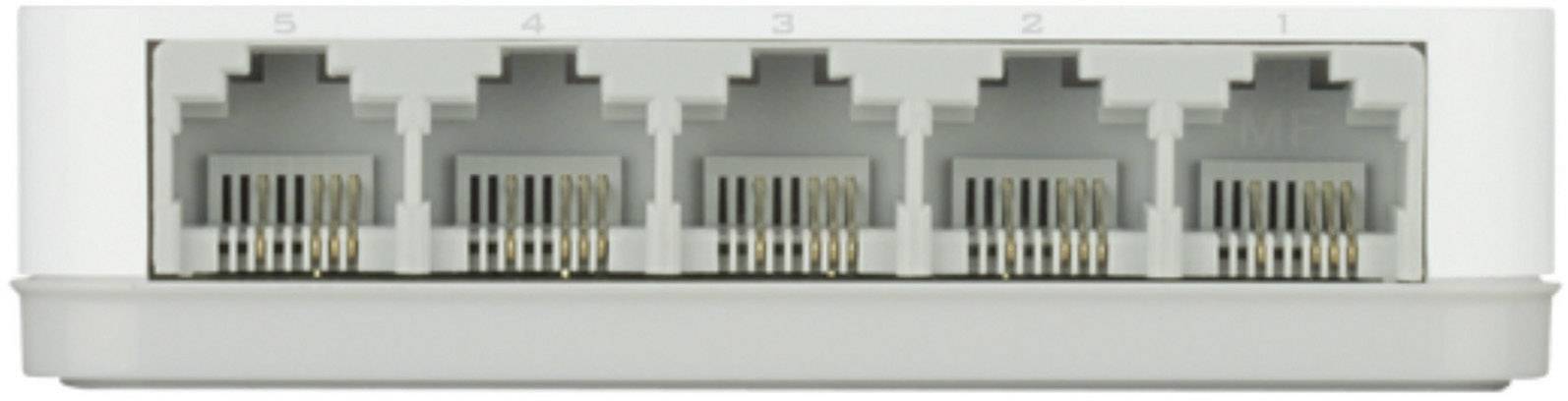 Vier-poorts netwerk-switch met vijf Ethernet-poorten, genummerd van 1 tot 5, bovenop een behuizing van wit kunststof.