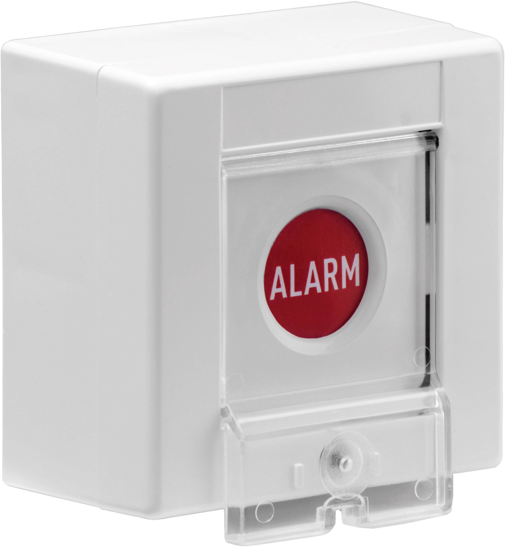 Een witte wandbevestigde kast met een grote rode knop waarop 'ALARM' staat. De knop wordt beschermd door een transparante klep.