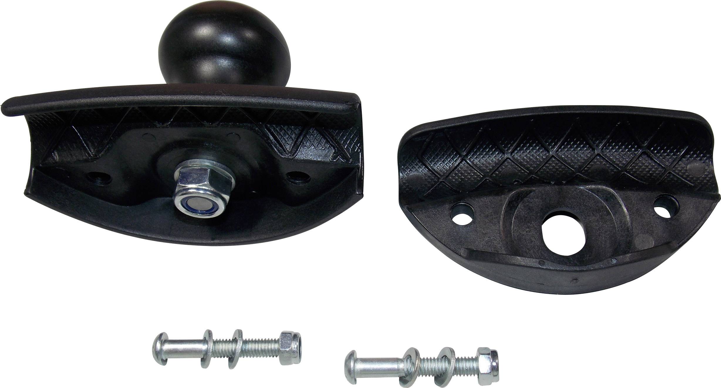 Twee zwarte kunststof spanners met gekartelde structuur, één met een kogelgreep, naast twee bijpassende metalen schroeven.