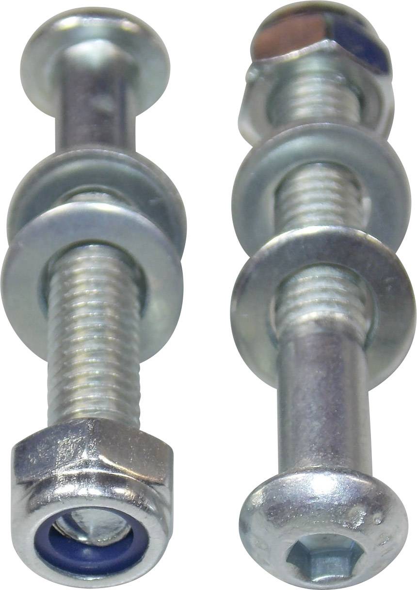 Twee zilveren schroeven met moeren en sluitringen; één met kruiskopschroef, de andere met binnenzeskant.