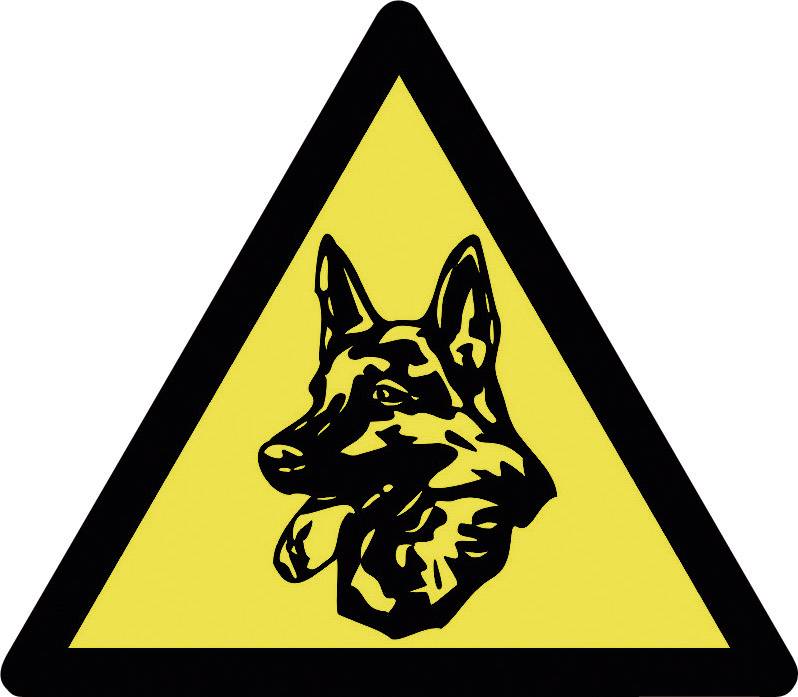 Waarschuwingsbord met het hoofd van een hond in een geel driehoek. Indicatie van waakhond of beveiligingsmaatregelen.