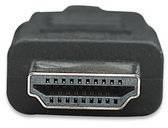 Een HDMI-stekker, zwart, geschikt voor de overdracht van video- en audiosignalen tussen apparaten zoals tv's en computers.