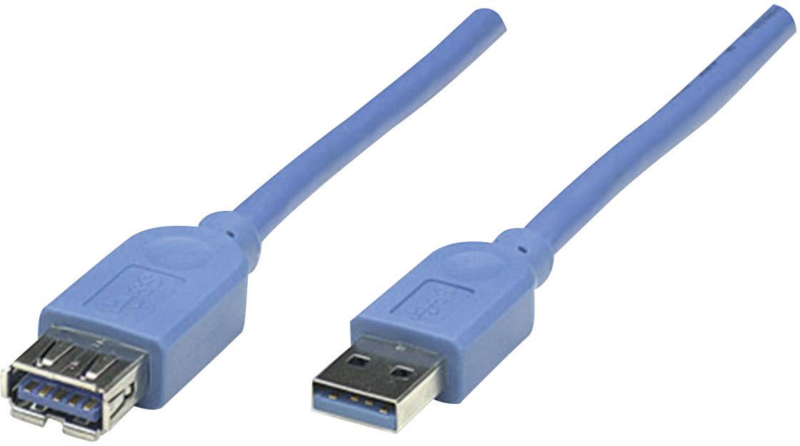 Een blauw USB-kabel met USB-A-stekker en USB-aansluiting op een witte achtergrond.