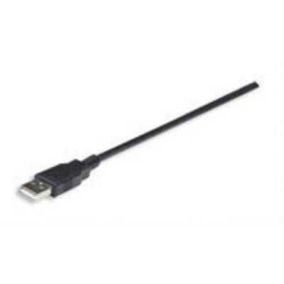 Zwart USB-kabel met metalen stekker, op een witte achtergrond. Het kabel is dun en relatief kort, geschikt voor gegevensoverdracht.
