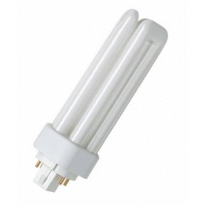 Spaarlamp met twee gebogen buizen en vier pennen aan de voet, voor efficiënte verlichting in huishoudens en kantoren.