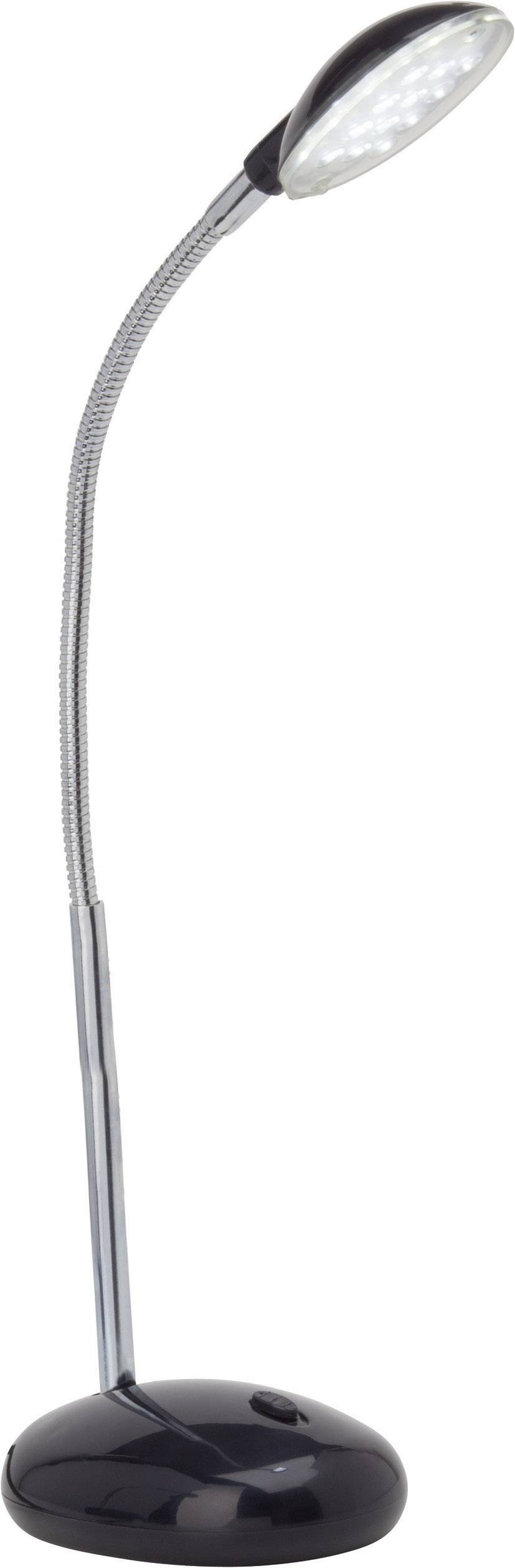 Een zwarte tafellamp met een flexibele zwanenhals die een reeks LED's in de lampenkop toont. Ideaal voor gefocust licht.