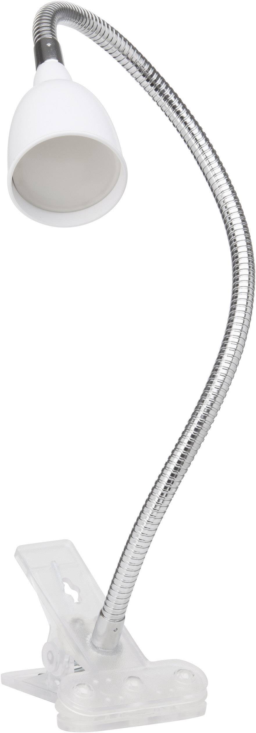 Een flexibele bureaulamp met metalen flexibele arm en witte lampenkap, gemonteerd op een transparante kunststof klem.
