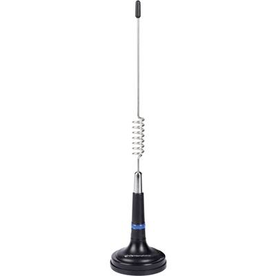 Een magnetische autoantenne met een spiraalvormige metalen staaf en een zwarte voet, geschikt voor mobale ontvangst van radiosignalen.