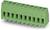 Een groene, rechthoekige stekkerverbinding met acht aansluitbussen en metalen contacten, gebruikt in elektronische schakelingen.
