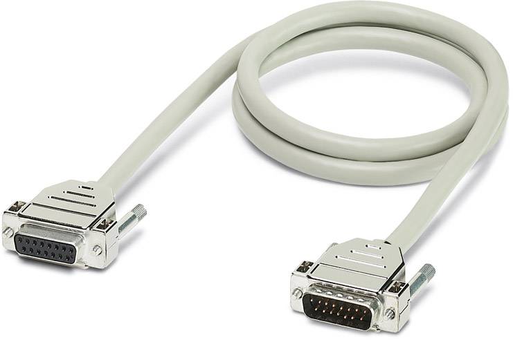 Een grijs, gewonden RS-232-datakabel met aan beide uiteinden een mannelijke en een vrouwelijke stekker.