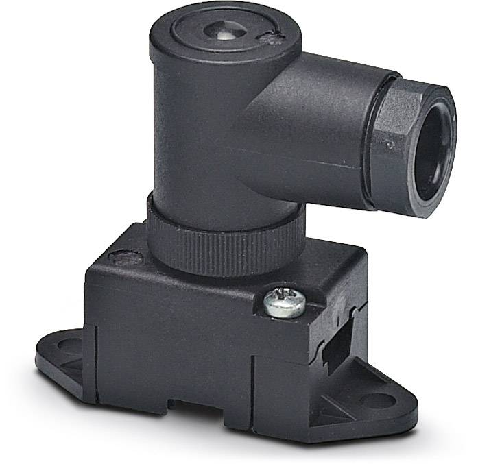 Een zwarte, rechthoekige elektrische connector met een haaks behuizing en bevestigingsgaten aan de basis.