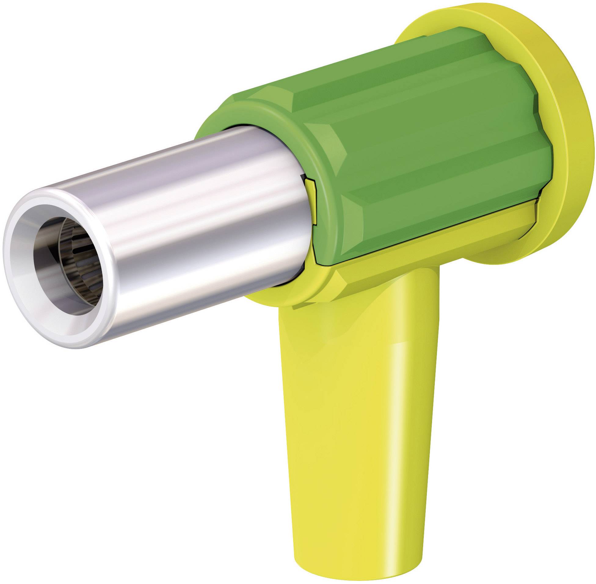 Afbeelding van een geel en groen heteluchtpistool met een metalen mondstuk. Geschikt voor het krimpen van materialen of het verwijderen van verf.